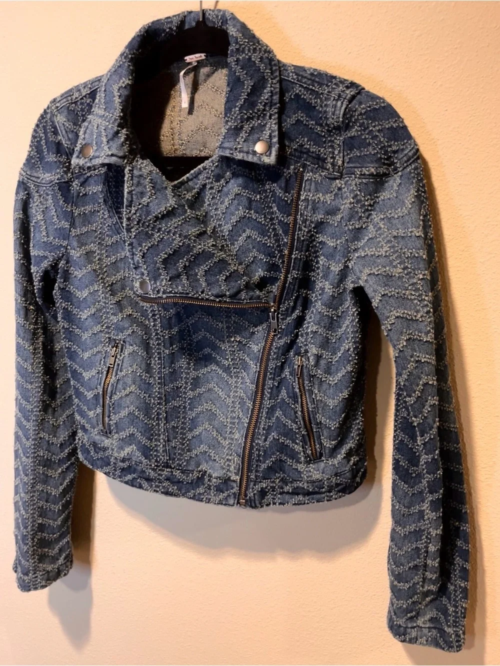 Free People Blue Chevron Denim Moto Jacket - Picture 6 of 11